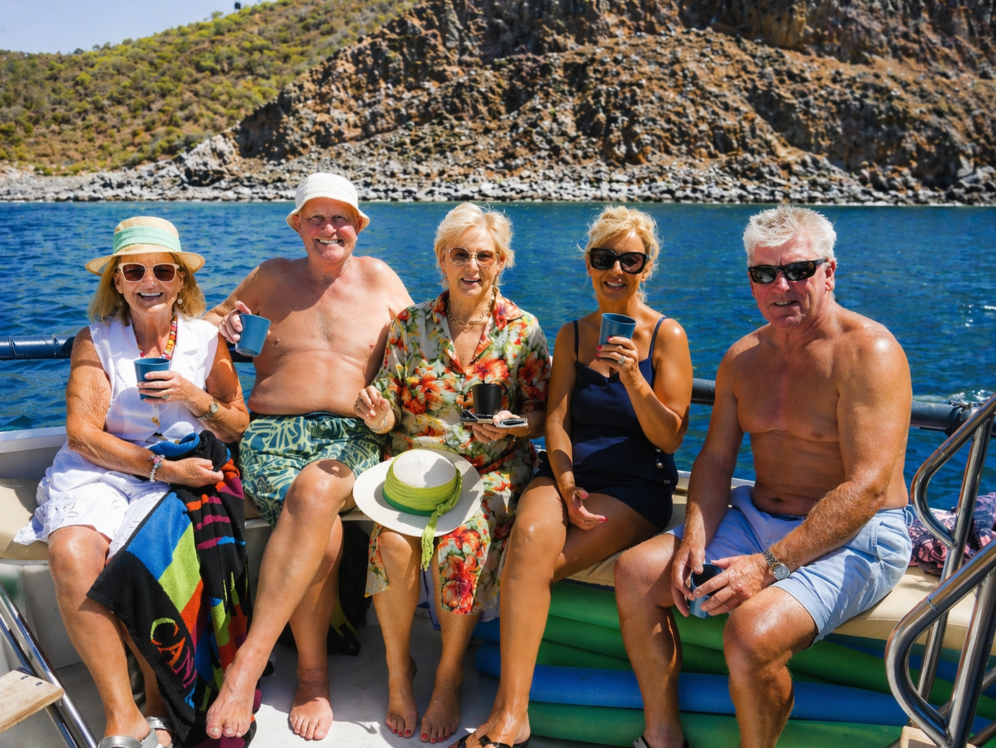 Boat Tasting Experience in Puerto de Mogán, Gran Canaria Small group of guests enjoying drinks on a boat in Puerto de Mogán with ocean and cliffs in the background