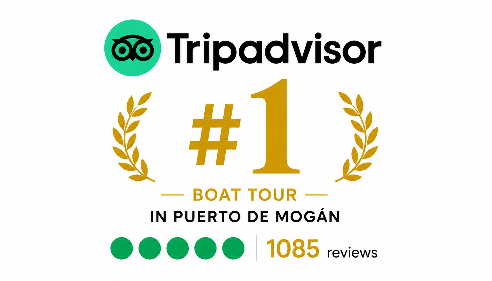 TripAdvisor award badge showing Yellow Boat Mogan as the number 1 boat tour in Puerto de Mogán with 1085 reviews.