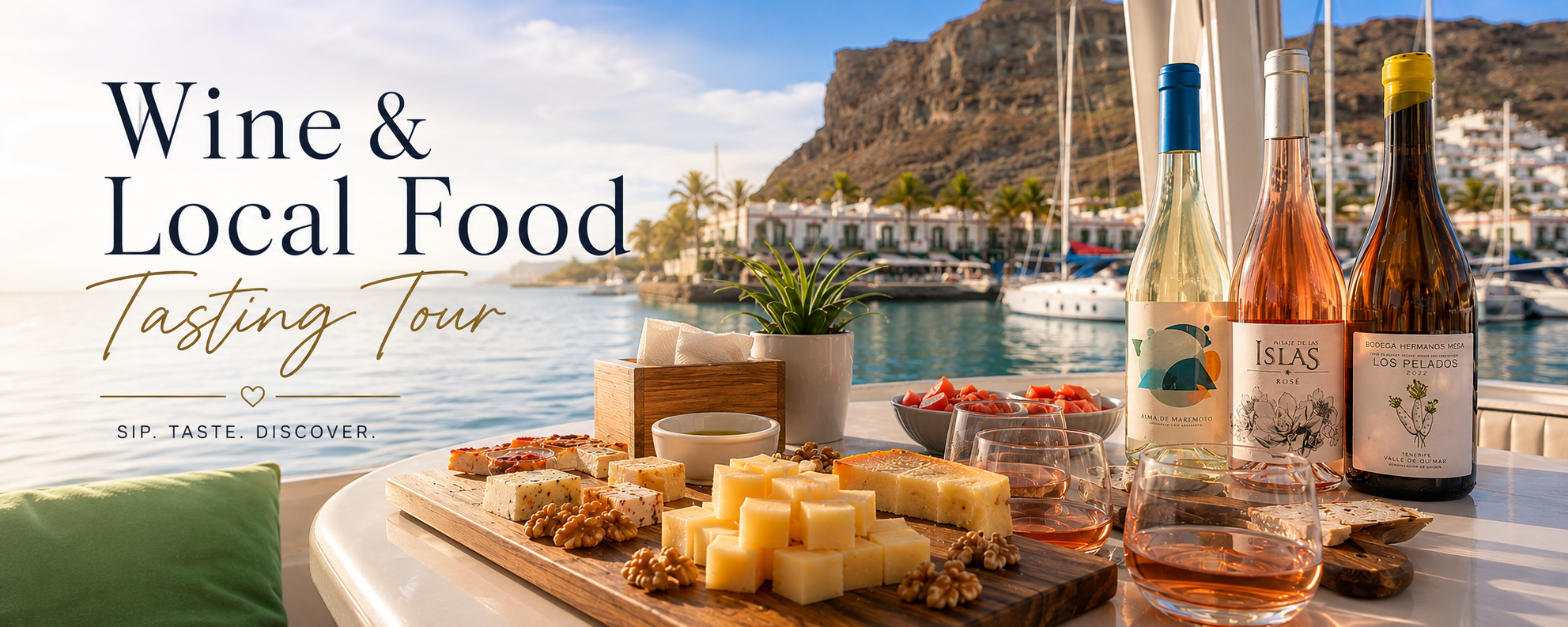 Canarian wine and local cheese tasting on a boat in Puerto de Mogan, Gran Canaria, with local food and marina views.